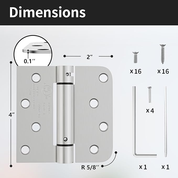 2 Pack Self Closing Door Hinges, 4 Inch Spring Loaded Door Hinges with Square & 5/8'' Radius Corners, Adjustable Tension for Garage, Front, Back Door, UL Listed, Left and Right Hand