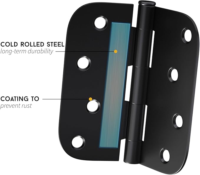 goldenwarm Pack of 3 Matte Black Heavy Duty Iron Door Hinges, 4 Inch x 4 Inch Interior and Exterior Black Door Hinges with 5/8" Radius Corners