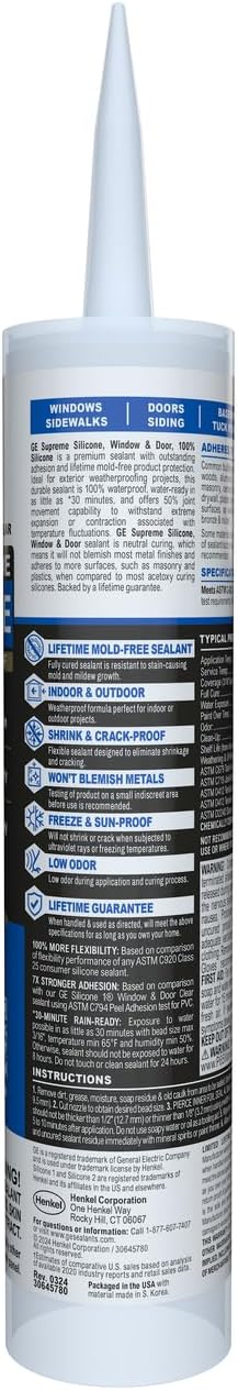 GE Supreme Silicone Caulk for Window & Door, Clear, 10 fl oz Cartridge, 1 Pack - 100% Waterproof Silicone Sealant, 7X Stronger Adhesion, Shrink & Crack Proof
