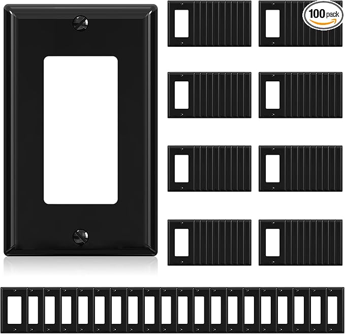 ELEGRP Decorative Receptacle Wall Plate, 1-Gang Standard Size Decorator Covers, Unbreakable Polycarbonate Faceplates for Decorator Device, UL Listed, Screws Included (100 Pack, Glossy Black)