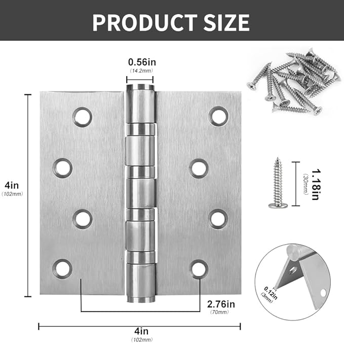2 Packs of Square 4x4inch Black Stainless Steel 3MM Thickened Door Hinges, Bearing Door Hinges, Window Hinges, Indoor and Outdoor Hinges with Screws