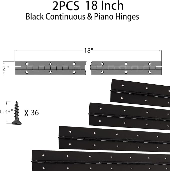 2-Pack 18-Inch Black Stainless Steel Heavy Duty Continuous & Piano Hinge, 2" Open Width Piano Boat Hinges, with Pre-Drilled Holes and Screws, Ideal for Piano Cabinets ane Wooden Box.