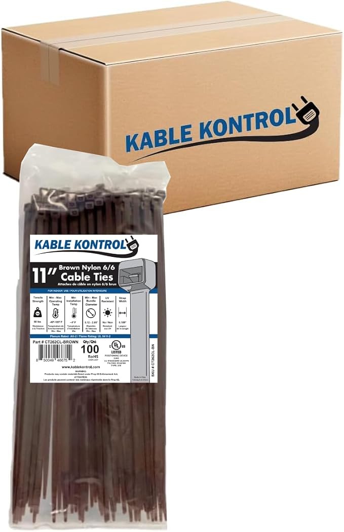 Kable Kontrol Cable Zip Ties, 11 Inch, 8500 Pcs, 50lbs Test, Brown | Nylon Plastic, Self Locking, UL Listed, Indoor Use