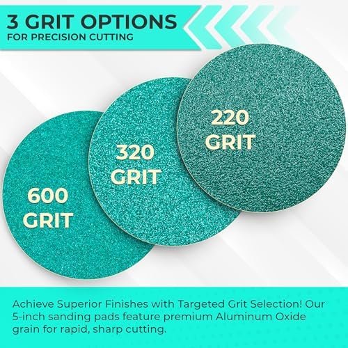 Sunmight Film Grip No Hole 5 Inch Sanding Discs - 220 Grit, Premium Aluminum Oxide - Strong Film Backing for Automotive, Marine, Wood & Metal Applications - Excellent Cutting and Long Life (50 Pcs)
