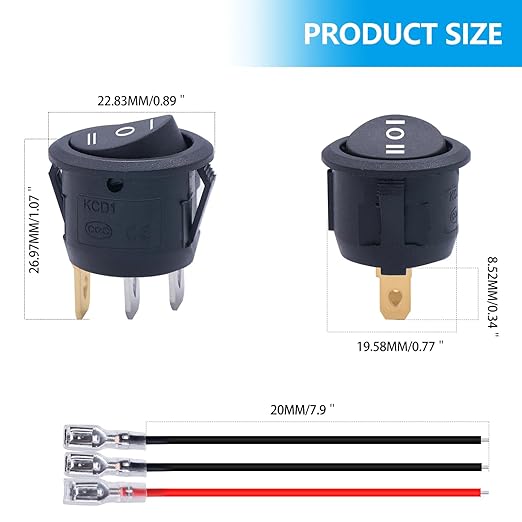 Twidec/5Pcs 12V Round Rocker Switch ON/Off/ON AC 6A/250V 10A/125V SPST 3 Pin 3 Position Toggle Switch for Car Boat Automotive RV Black with Wires KCD1-5-103-ON-OFF-ON