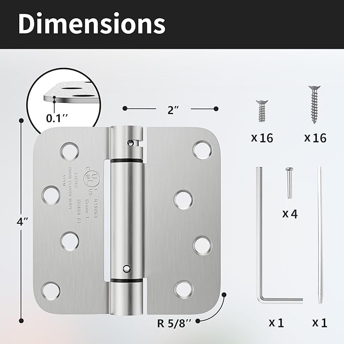 2 Pack Self Closing Door Hinges, 4 Inch Spring Loaded Door Hinges with 5/8'' Radius Corners, Adjustable Tension for Garage, Front, Back Door, UL Listed, Left and Right Hand, Brushed Nickel