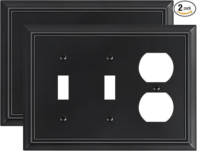 2-Pack Combo Double Toggle/Duplex Outlet Covers, Black Switch Plates and Outlet Covers, Natural Bamboo Fiber Wall Plates for Electrical Outlets, 3 Gang Receptacle Cover, Corrosion Resistant