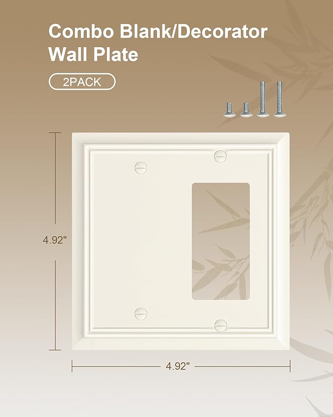 2-Pack Combo Blank/Decorator Wall Plate, Light Almond Decorative Switch Plates and Outlet Covers, Durable Natural Bamboo Fiber Wall Plate for Electrical Outlets, Receptacle, GFCI Outlet, Dimmer Switch
