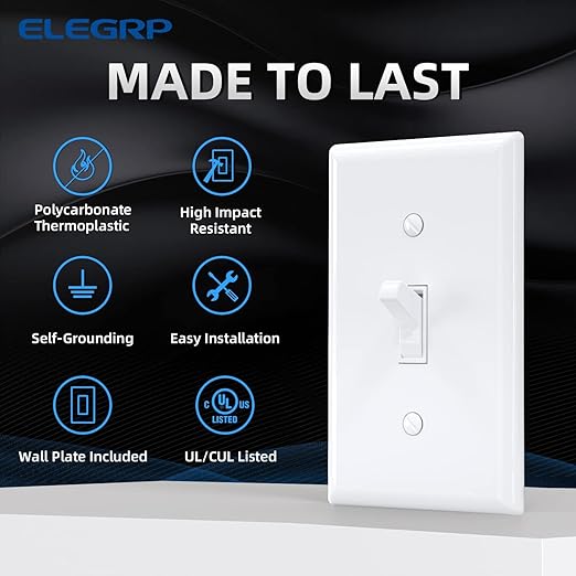ELEGRP 3 Way Toggle Light Switch with Plate, 15 Amp, 120 V, Toggle Framed AC Quiet Switch, in Wall On/Off Switch, Self-Grounding, Residential and Commercial Grade, UL Listed (5 Pack, Glossy White)