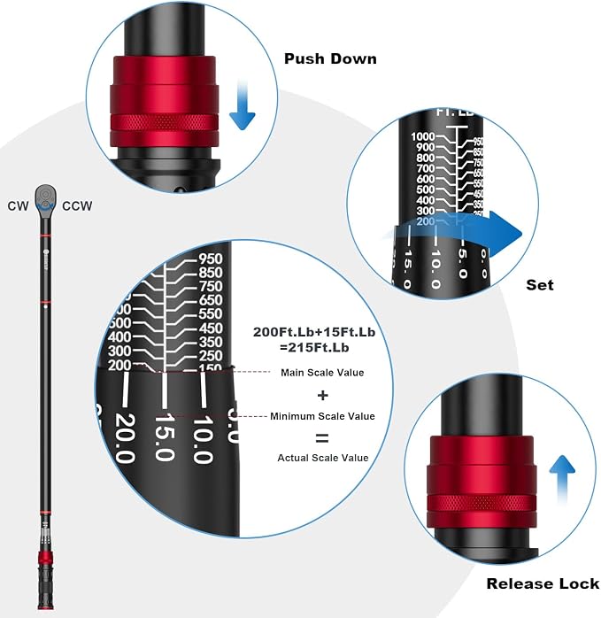 3/4-inch Drive Click Torque Wrench,150-1000ft.lb/203.3-1355Nm | ±3% Accuracy, Heavy Duty Torque Wrench, Professional, Dual Direction, 48-Tooth, for Wind Turbines, Dockyards, Truck Repair