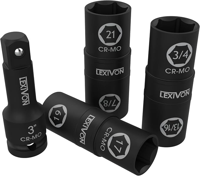 LEXIVON 1/2-Inch Drive Click Torque Wrench 10~150 Ft-Lb/13.6~203.5 Nm + Set of 1/2-Inch Flip Impact Socket, 6 Total Lug Nut Sizes