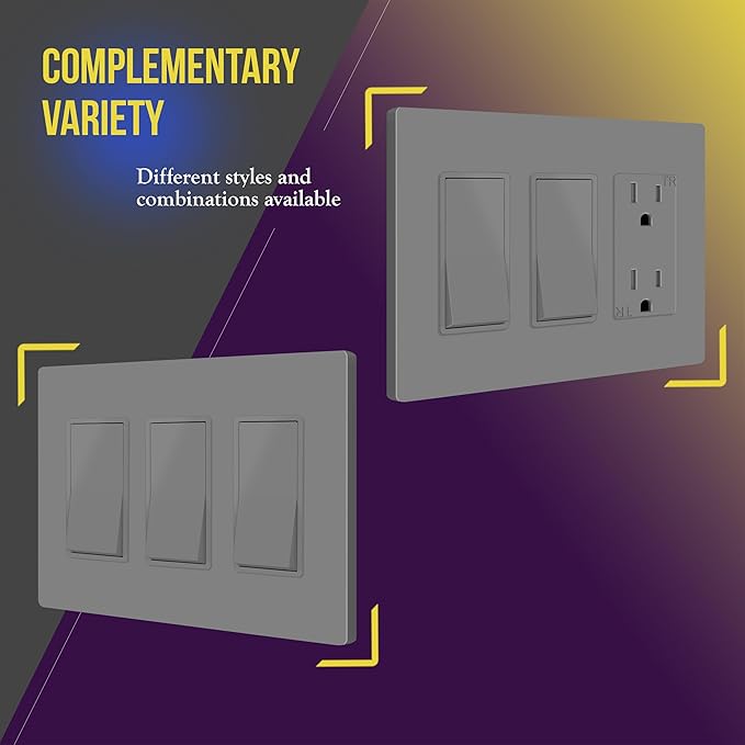 ENERLITES Elite Series Screwless Decorator Wall Plate Child Safe Outlet Cover, Gloss Finish, Size 3-Gang 4.68" H x 6.53" L, Unbreakable Polycarbonate Thermoplastic, SI8833-GY, Grey