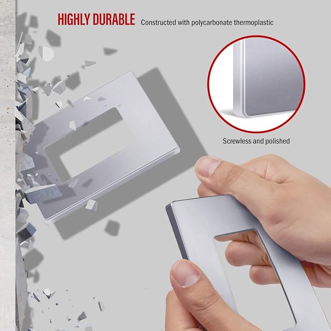 ENERLITES Elite Series Screwless Decorator Wall Plate Child Safe Outlet Cover, Gloss Finish, Size 1-Gang 4.68" H x 2.93" L, Unbreakable Polycarbonate Thermoplastic, SI8831-SV, Silver