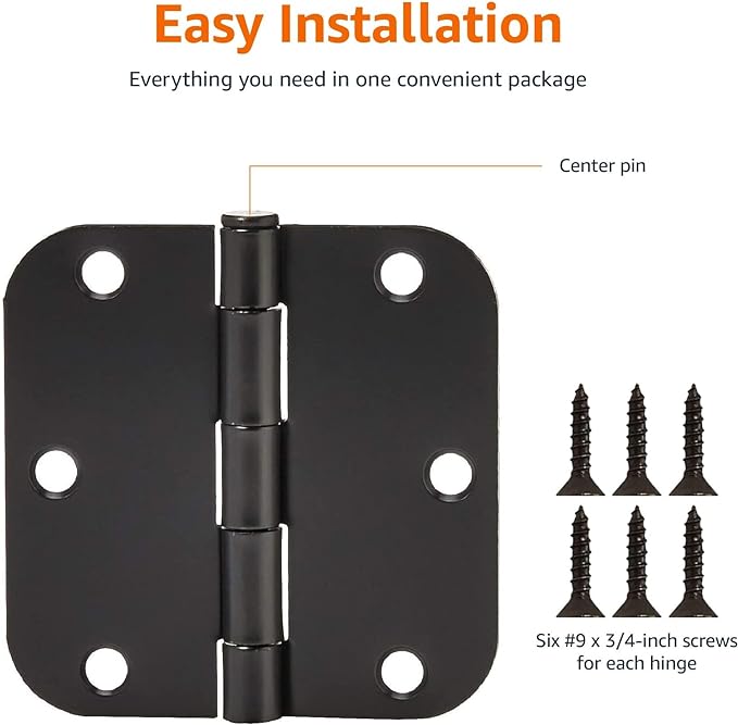 Amazon Basics Sturdy Rounded 5/8 Radius Interior Door Hinges with Included Screws, 3.5" x 3.5", Matte Black, 18-Pack