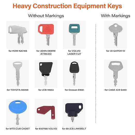 50 Pcs Equipment Keys Master Set, Compatible with CAT Caterpillar Bobcat JCB John Deere Case Kubota Volvo Komatsu Hyster Jlg Yanmar, Construction Heavy Equipment Ignition Keys with US Flag Keychain