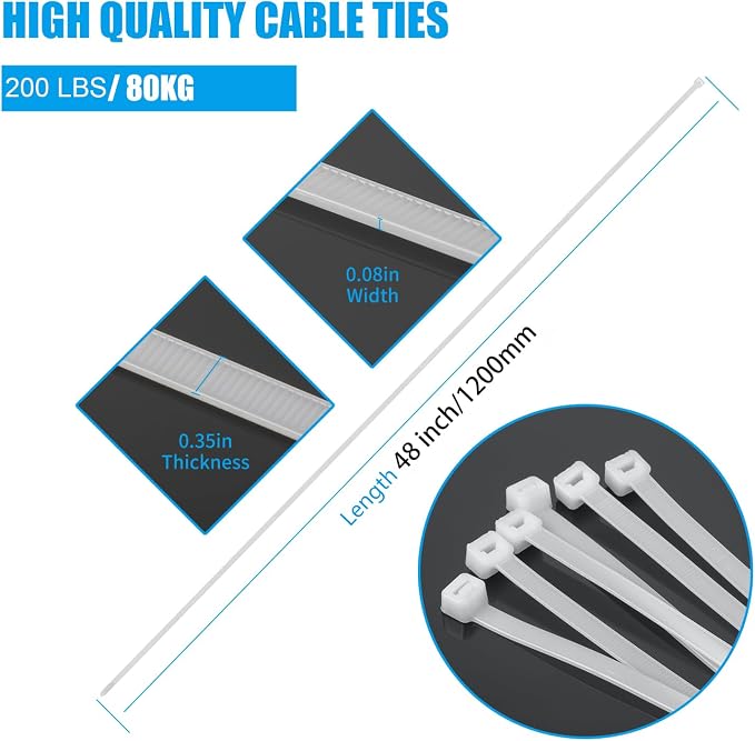 Armpow White 48 inch Cable Zip Ties Heavy Duty 50Pack, 200lbs Ultra Exclusive Strong Plastic Wire Ties, Large Cable Ties Extra Long Tie Wraps, Indoor and Outdoor UV Resistant
