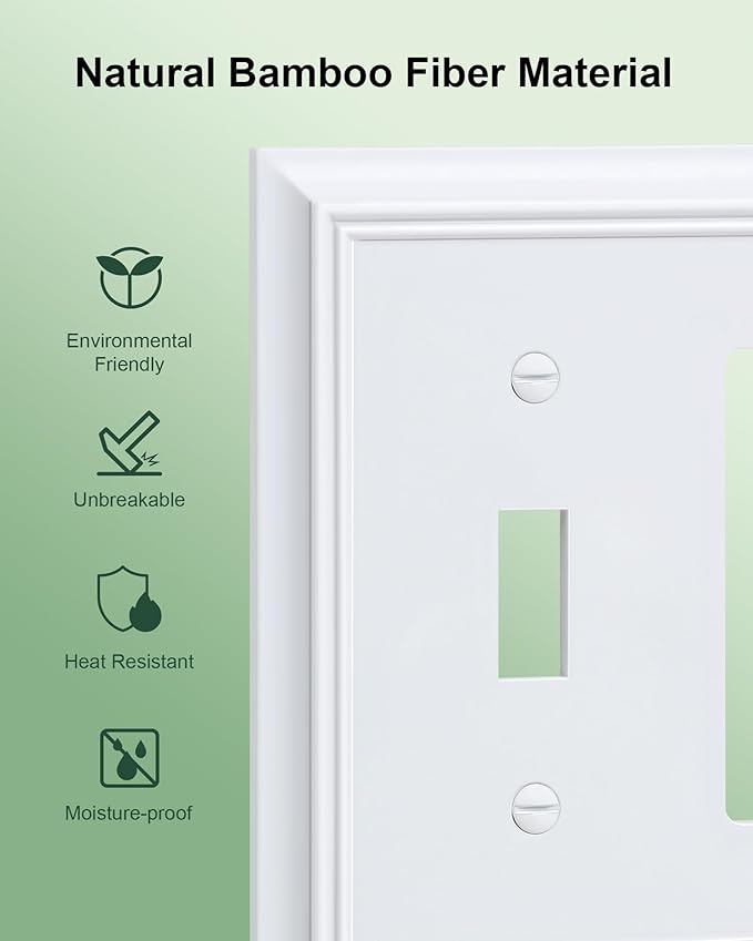 2-Pack Combo Toggle/Double Decorator Outlet Cover Plate, Pure White Decorative Switch Plates and Outlet Covers, Durable Natural Bamboo Fiber Wall Plates for Electrical Outlets, Receptacle, GFCI Outlet