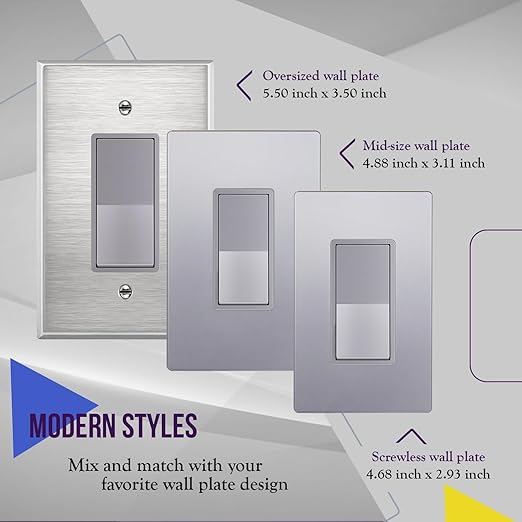 ENERLITES Elite Series Decorator Switch with Screwless Wall Plate, Paddle Light Switch, Single Pole, 3 Wire, Grounding Screw, Residential Grade, 15A 120V, UL Listed, 91150-SVWP, Silver
