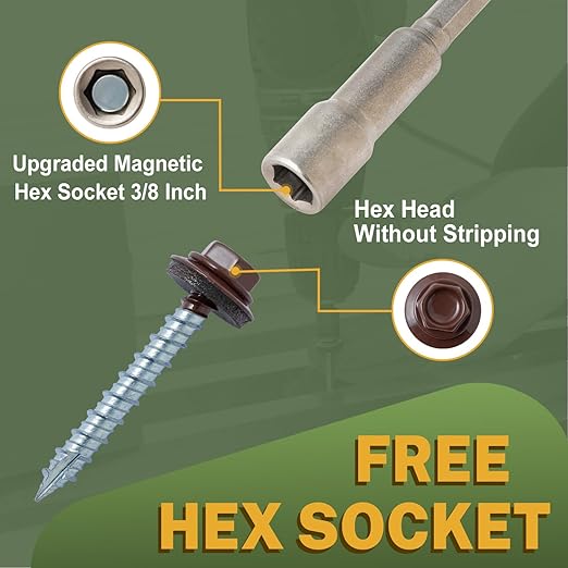 LIONMAX Metal Roofing Screws #14 x 1-1/2 Inch, 300-PCS, Brown Painted Hex Head Sheet Metal Screw with Rubber Washer, Sharp Point, for Roofing and Siding, Hex Socket Included