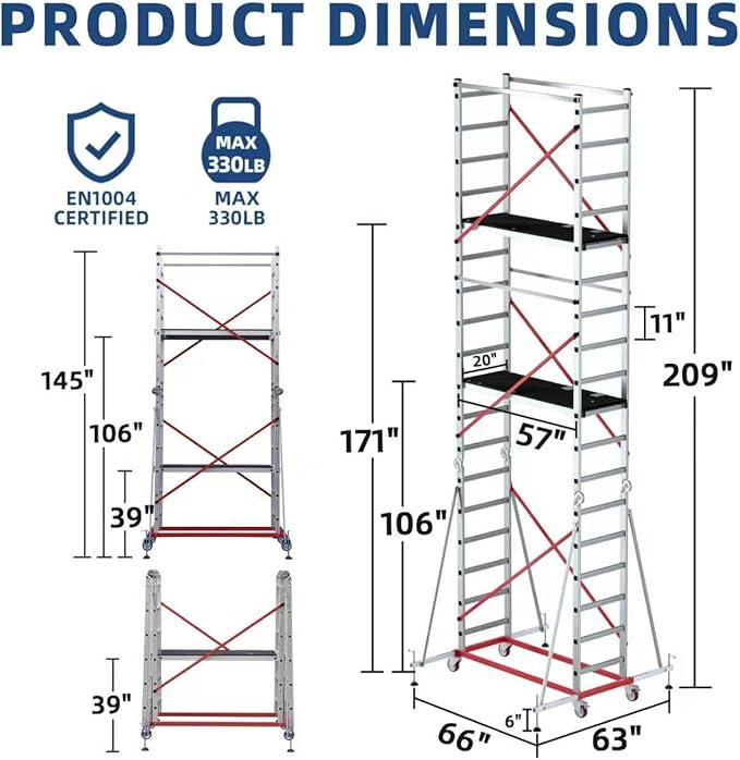 APARECIUM 18‘ Aluminum Scaffold Tower, Multipurpose Rolling Scaffolding Work Platform, Utility Scaffolding Tower, Adjustable Work Platform with Hatch Deck and Guard Rail, 500 Lbs Duty Rate