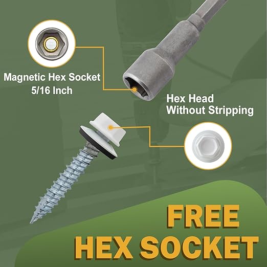 LIONMAX Metal Roofing Screws #10 × 2 Inch, 300-PCS, White Painted Hex Head Sheet Metal Roof Screws, Rubber Washer, Sharp Point, Metal to Wood Siding Screws, Hex Socket Included