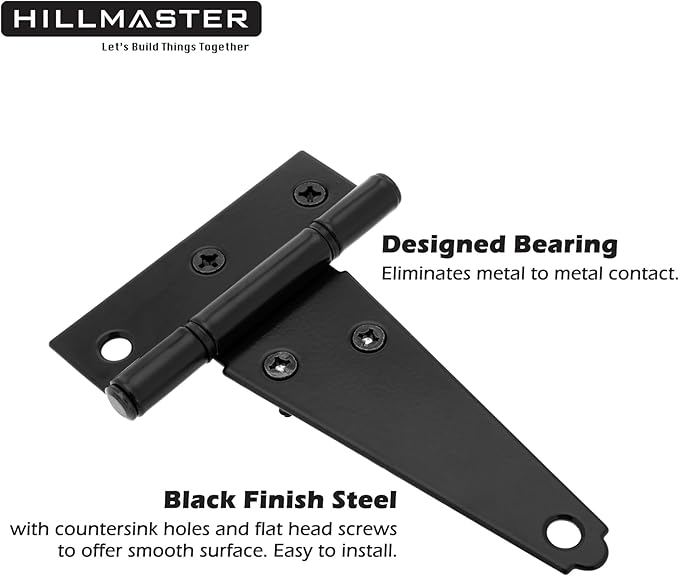 Hillmaster 4 Inch T-Strap Heavy Duty Shed Door Hinges - Black Tee Hinge for Wooden Fences, Shutter, Window, Yard, Barn Door, Outdoor (2 Pack)