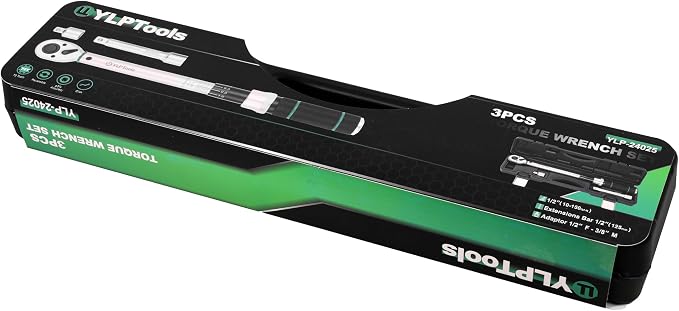 3-Piece Torque Wrench Set – 1/2" Drive Click Torque Wrench (10–150 ft-lb), 3/8" Adapter, 5-Inch Extension Bar, ±3% Accuracy, Chrome Vanadium Steel, Includes Storage Case