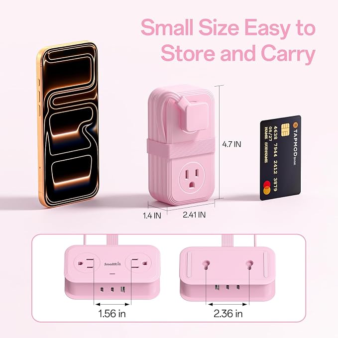 Travel Power Strip, SMALLRT Extension Cord with Multiple Outlets, 6.5FT Wrapped Extension Flat Plug Power Strip with 4 AC Outlets for Travel, Hotel, Cruise Approved, No Surge Protection, Pink