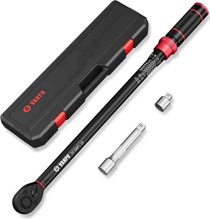 VANPO 1/2-Inch Drive Click Torque Wrench, 20-260 Ft-Lb, for Car & Truck | 27.1-352.3 Nm, 22.04", Dual Direction, 72 Tooth, Adjustment Torque Wrenches with 1/2" to 3/8" Adapter & 125mm Extension Bar