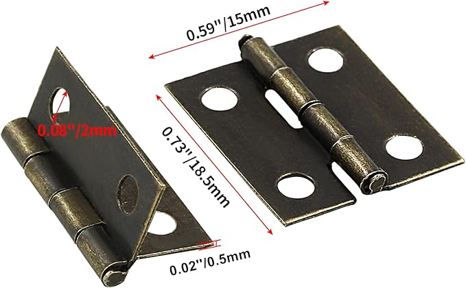 50 Mini Hinges, 0.73"x0.59", Bronze Butt, Tiny with Storage Box, Solid Copper DIY Hinges for Mini Cabinet, Jewelry, Wooden Box