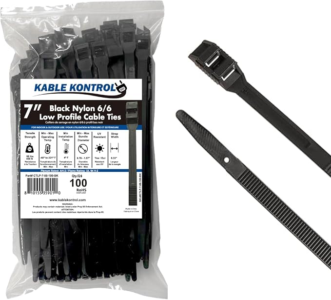 Kable Kontrol Low-Profile Cable Ties 7 Inch 100 Pcs, 88 Lbs Test - Black | Double Locking Cable Ties UL Listed Inline Zip Ties - Chemical, UV & Abrasion Resistant Ties for Automotive & Medical Use