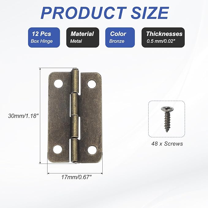 MECCANIXITY Small Butt Hinges 1-1/2 Inch Mini Jewelry Box Hinge with Screw for Jewelry Wooden Boxes Cabinet Drawer Doors Gate (Bronze Tone, Pack of 12)