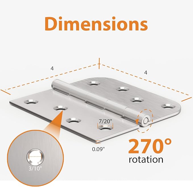 3 Pack Brushed Nickel Door Hinges, 4 Inch Exterior Door Hinges with Square & 5/8" Radius, 4 in Satin Nickel Heavy Duty Residential Front and Back, Removable Pin & No Squeaks