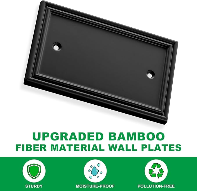 Black Modern Decorative Wall Plate Light Switch Cover Decorator Outlet Covers Rocker Switch Plates Bamboo Fiber Material Wall Plates for Kitchen Bathroom (1 Gang Single Blank-4 Pack)
