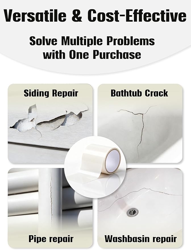 Self-Adhesive Bathtub Repair Kit & Vinyl Siding Patch Kit for Tub Crack, Hole, Wall Repair. Waterproof Shower Wall Cover & Plastic Bathtub Wall Solution. White Bathroom & Tub Repair Kit with Patch