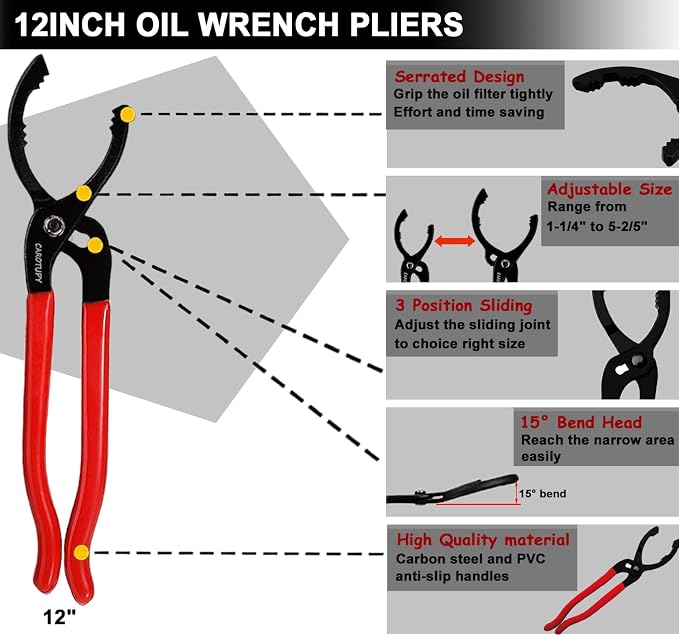 Oil Filter Wrench Set, Oil Filter Pliers with Small Funnel, 8 Pcs | Universal Oil Filter Removal Tool 1-1/4"-5-2/5", 12" Adjustable Oil Filter Pliers with Snap-On Oil Funnel for Automotive