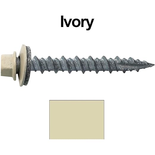 10 x 1-1/2" Ivory Metal Roofing Screws - Hex Washer Head- Self-Starting/Tapping - EPDM Washer. 1 x 250 Count Bag - 250 Screws