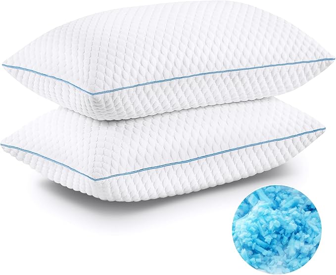 VVZ Cooling Bed Pillows Standard Size Set of 2,Shredded Memory Foam Pillows with Gel, Adjustable Firmness for Side, Back, Stomach Sleepers, 20x26, White