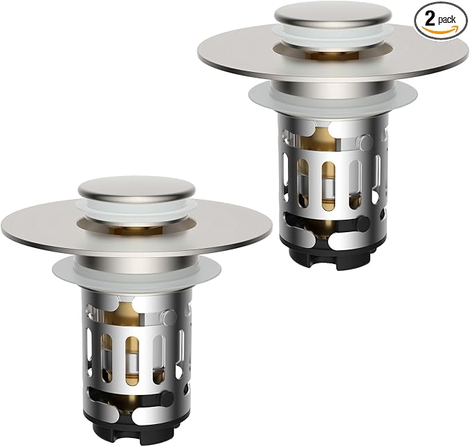 Hibbent 2 Pack Upgraded 3 in 1 Bathroom Sink Drain Strainer, Universal Pop Up Stopper with Removable Stainless Steel Filter Basket Hair Catcher, Sink Plug for 1.1''~2.36'' Basin, Brushed Nickel
