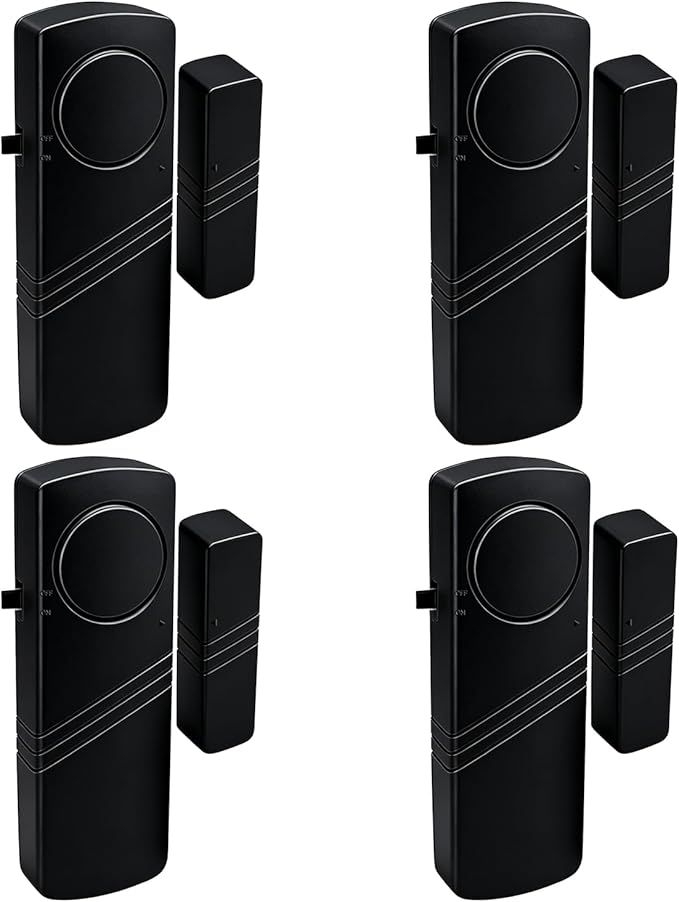 Door Window Alarm - 90dB Loud Home Security Sensor for Kids Safety, Burglar Alert for House, Apartment, Office, Hotel & Pool Window, Black (4 Pack)
