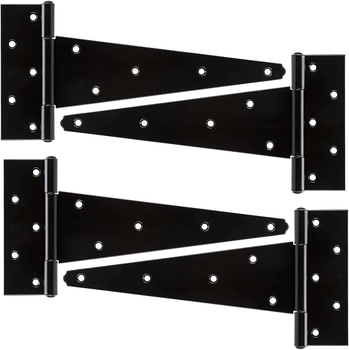HILLMASTER 12 Inch T-Strap Heavy Duty Shed Door Hinges Gate Strap Hinges Black Tee Hinge Wrought Hardware for Wooden Fences,Yard,Barn Door,Rustproof (4 Pack)