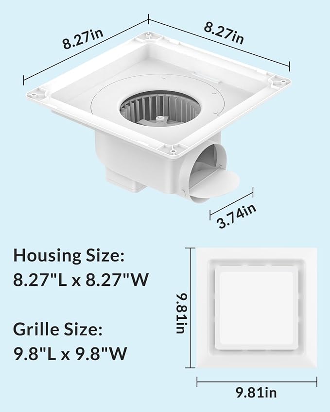 Bathroom Exhaust Fan with Light 110 CFM, Quiet 1.0 Sone, Cutout 8.27"x8.27", 10" Grille, 4In Duct, 6500K 1200Lm LED Light Bath Ceiling Vent Fan Combo for Bathroom Toilet Moisture & Odor Removal