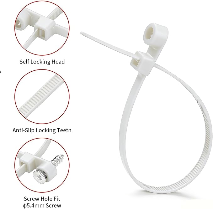 200 PCS 14 inch White Zip Ties with Screw Hole 70lbs Mountable head Cable Ties Straps Multipurpose Heavy Duty Nylon Cable Zip Ties with Screw Mounting Hole
