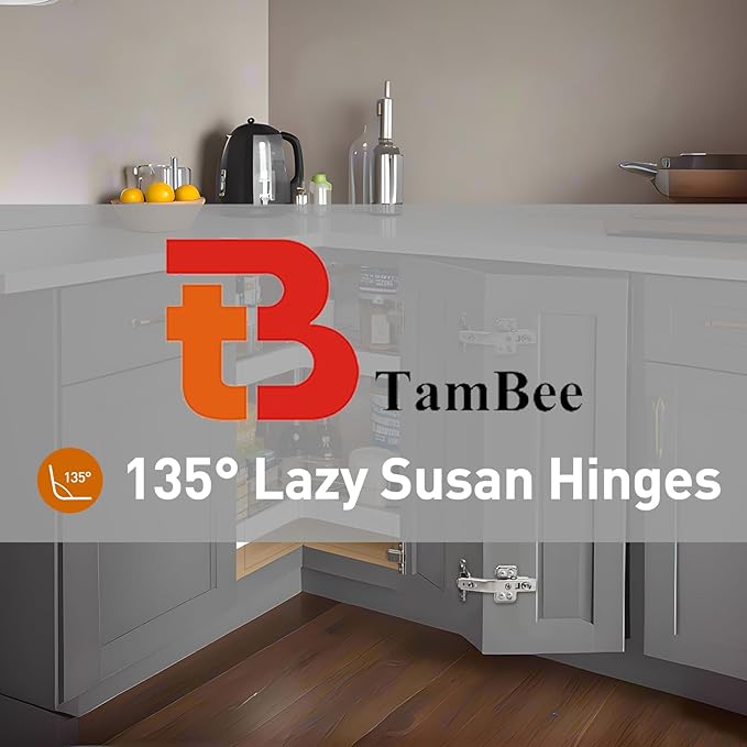 TamBee 135 Degree Lazy Susan Hinge, 48mm Corner Kitchen Cabinet Hinges, Concealed, 3D Adjust for Corner Door, Cupboard Hinges Replacement, Brushed Nickel 2 Pack