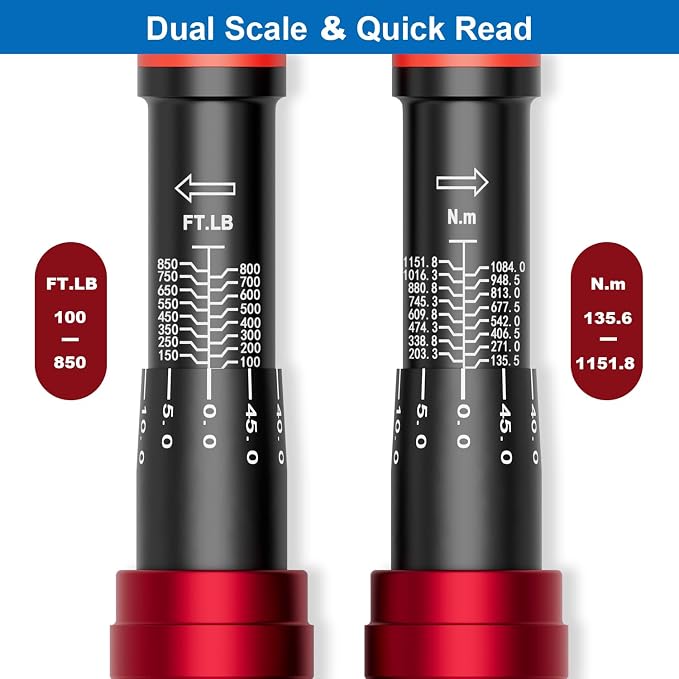 3/4-inch Drive Click Torque Wrench, 100-850ft.lb/135.5-1151.8Nm | ±3% Accuracy, Heavy Duty Torque Wrench, Professional, Dual Direction Adjustable, 48-Tooth, for Truck & Tractor Maintenance