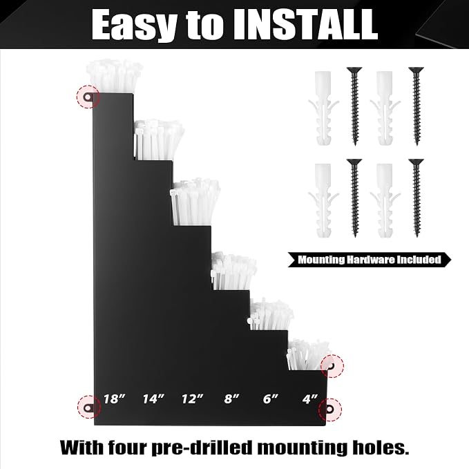 Cable Zip Tie Storage Holder Rack Metal Zip Tie Organizer Wall Mount Pockets with Screws for Workshop Shed Garage Home Ties, Ties and Tools Not Include (Black,18 x 13 Inch,6 Pockets)