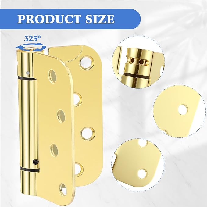 Yaocom 10 Pcs Self Closing Door Hinge 3.5'' Spring Loaded Hinges Automatic Door Closer Hinge Adjustable Tension for Garage, 5/8'' Radius Corners(Gold,4'')