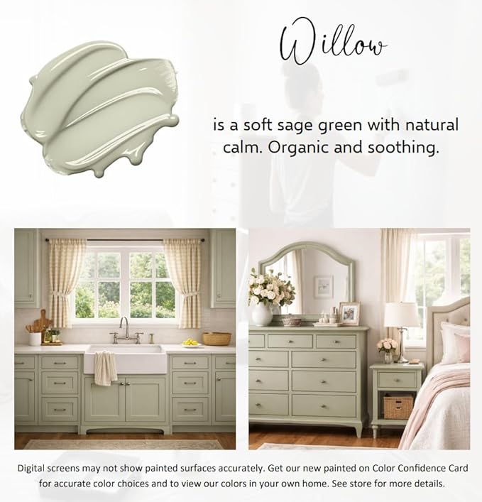 ALL-IN-ONE Paint by Heirloom Traditions, Willow (Soft Sage), Gallon - Durable cabinet and furniture paint. Built in primer and top coat, no sanding needed. Includes our 30 featured color card.