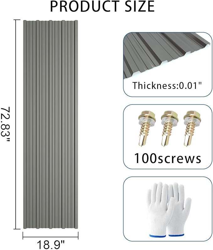 10 PCS 95.6 sq.ft Metal Roofing Panels, 72.83 * 18.9in Corrugated Galvanized Roof Panels, Waterproof Siding Panels with 100 Pcs Screws for Garages, Sheds, Stables and Mobile Homes