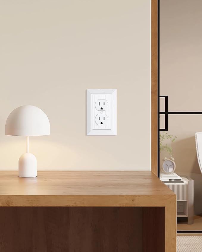 4-Pack Classic Beadboard Duplex Outlet Cover Plate, Decorative Unbreakable Polycarbonate Switch Plates and Outlet Covers, Pure White Wall Plates for Electrical Outlets, 1 Gang Receptacle Cover